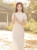 白色蕾丝旗袍20232023夏季年轻少女款复古国风，订婚礼服连衣裙