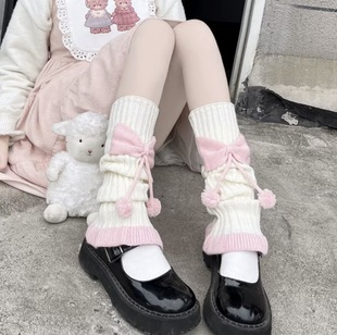 秋冬日系jk堆堆袜女针织木耳边小腿袜Lolita白色蝴蝶结带毛球袜套