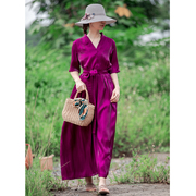 仙衣裾原创复古文艺气质显瘦连衣裙阿元紫色V领套头仙女礼服长裙