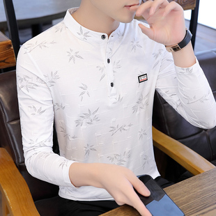 潮流时尚印花立领t恤男式长袖修身xs码s号瘦小个子青年纯棉polo衫