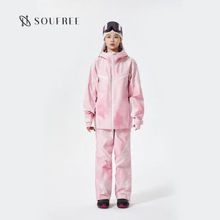 SOUFREE2023单双板粉色印花滑雪服套装男女3L防风防水户外冲锋衣