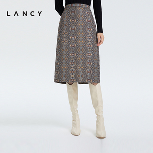 LANCY/朗姿2022冬季几何A字高腰半身裙子女印花显瘦短裙子