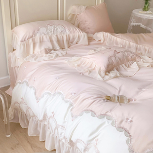 法式轻奢粉色全棉长绒棉，床上四件套公主风纯棉刺绣，蕾丝边被套床单