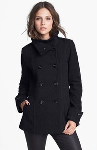 欧美羊毛呢显瘦黑色大衣冬季保暖双排扣外套简约大气大码胖mm女装