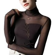 网纱拼接个性绑带设计微透性感打底衫女秋季气质欧货小衫上衣
