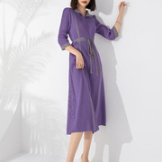 褶皱连衣裙秋冬女装趋势，2023小众设计系带收腰显瘦中长裙紫色