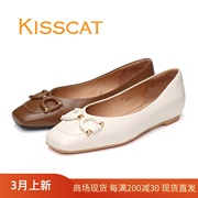 KISSCAT接吻猫2024春款低跟平底鞋方头羊皮浅口女鞋单鞋瓢鞋