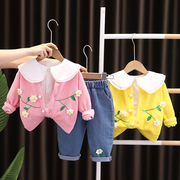 女宝宝春装套装2023韩版儿童，针织外套洋气，1一3岁半女童三件套
