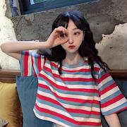 11高中学生13夏季韩版条纹红白短袖T恤女17宽松上衣12-19岁少女装