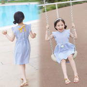韩国童装女童夏飞袖木，耳边无袖连衣裙儿童竖条纹，蝴蝶结公主背心裙
