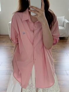韩国chic夏季减龄复古气质马卡龙色系蝴蝶结刺绣纯棉短袖衬衫女