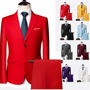 春秋修身红色西装外套，男士商务正装大码白色西服，套装主持结婚礼服