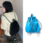 简约韩国小众女包袋磨砂绒拼接彩色宝石链条双肩包抽绳手提背包女