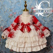 秋冬女童蕾丝刺绣连衣裙西班牙洛丽塔，公主裙宝宝周岁红色生日礼服