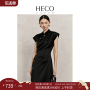 HECO玉缀新中式改良旗袍女夏国风开叉醋酸缎面黑色长款连衣裙