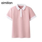 艾米恋学院风t恤翻领，polo衫女夏季短款修身粉色体恤运动短袖上衣