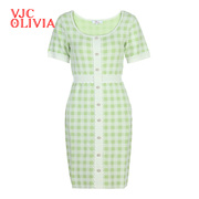 vjcolivia2023春夏女装，绿色格纹小香撞色针织修身连衣裙