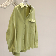 慵懒日系绿色长袖衬衫女春季设计感小众复古宽松polo开衫上衣