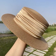 帽子女款2024法式简约平顶，丝带草帽英伦复古小礼帽美式遮阳帽