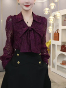紫色法式宫廷风蕾丝长袖衬衫女士洋气别致轻奢衬衣蝴蝶结上衣