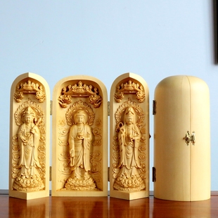 桧木雕刻摆件佛像西方三圣娑婆，三圣观音地藏王菩萨随身佛龛三开盒