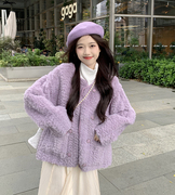 小香风紫色外套女装秋冬季2023年设计感小众圆领毛绒加厚大衣