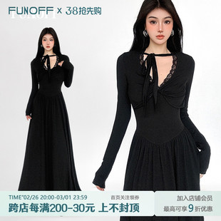 FUNOFF 黑色蕾丝拼接V领绑带长袖连衣裙2024秋冬低胸内搭A字长裙