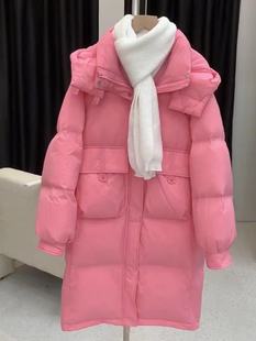 粉红色羽绒服女中长款冬季2023年小个子，宽松今年流行显瘦外套