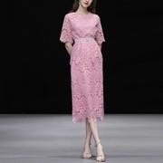 夏季女装2023时尚气质玫，粉色蕾丝短袖，上衣包臀裙长裙裙子套装