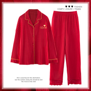 睡衣女士长袖春秋季纯棉，开衫大红复古国，潮风个性休闲家居服两件套