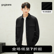 gxgjeans男装华夫格衬衫宽松休闲翻领长袖工装黑色衬衣夹克外套男