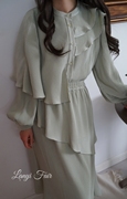 兰奕屋语原创设计 豆沙绿色压褶不对称衬衫半裙套装 长袖优雅褶皱