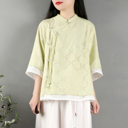 中国风复古斜襟欧根纱盘扣上衣女夏装中式茶服七分袖文艺范衬衫
