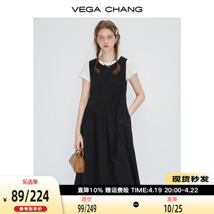 VEGA CHANG黑色显瘦气质连衣裙女2024年夏设计感A字背心长裙