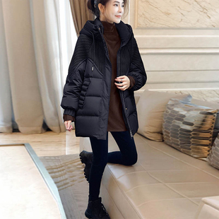 黑色连帽羽绒服冬季韩版中长款拼接休闲加厚外套女2023年欧货