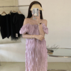 韩国chic夏季温柔香芋紫一字，领露肩褶皱感设计泡泡，袖吊带连衣裙女