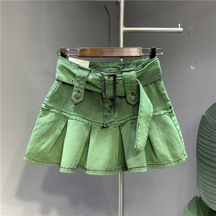 潮牌2024年春季绿色甜辣百褶牛仔裙，小个子a字显高半身(高半身)短裙