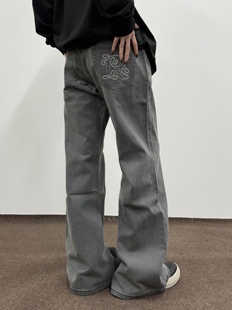 AHCN（志存高远）美式复古做旧磨破纯色直筒牛仔裤男女宽松长裤