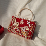 国风手工包女定制婚包手提新娘包丝绒(包丝绒，)旗袍包复古(包复古)红色口金包宴会包