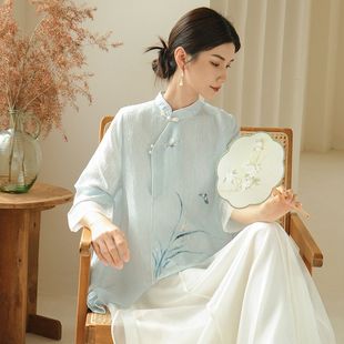 2024春季女士衬衫新中式国风手绘女上衣显瘦禅茶服盘扣改良式汉服