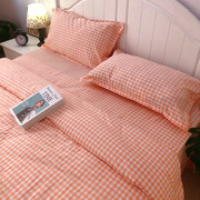 水洗棉纯棉日式橘色，小格被单被套，三件套精梳棉柔软床单