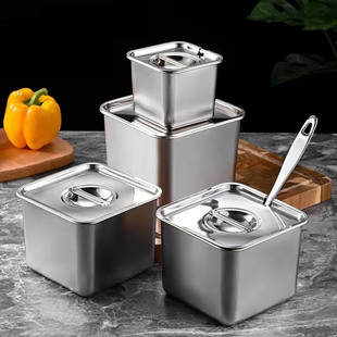 调料盒不锈钢装猪油辣椒油罐油碗盆带盖厨房家用容器方形油缸商用