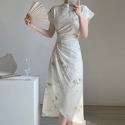 新中式国风改良旗袍裙女夏季复古设计小众褶皱竹叶印花连衣裙
