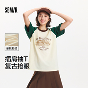 森马短袖T恤女中长款圆领套头衫宽松夏季拼色插肩袖图案衣服时尚