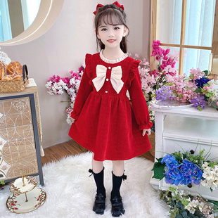 女童公主裙春秋季宝宝红色连衣裙，洋气长袖儿童，裙子甜美小女孩童装