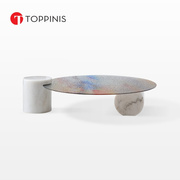 toppinis意式极简圆形玻璃，茶几客厅设计师高级天然大理石茶几组合