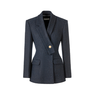MAGGIE MA设计师款西装青果领一粒扣藏蓝色斜纹羊毛混色彩点外套