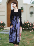 新中式国风水墨画紫色优雅吊带连衣裙，两件套+开衫高级感神秘气质