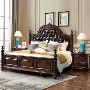 美式实木床真皮双人床，主卧婚床胡桃色，高端软包床欧式雕花卧室大床