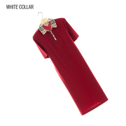 白领红色丝光棉拼米咖格方，领短袖直身连衣裙sigmian22-305